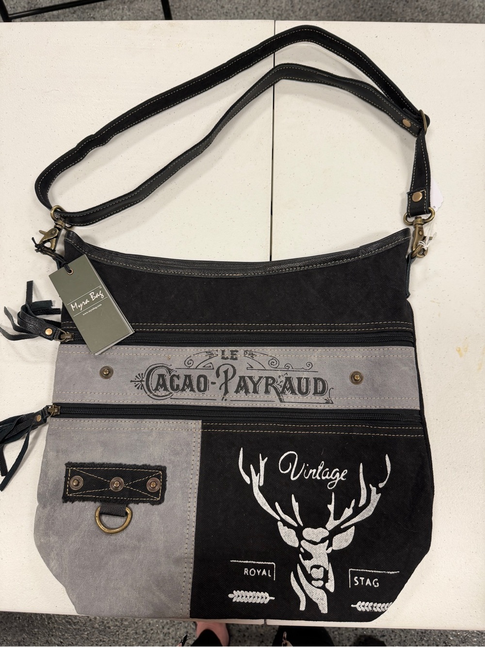 Myra Bag Black and Gray Vintage Deer Shoulder Bag